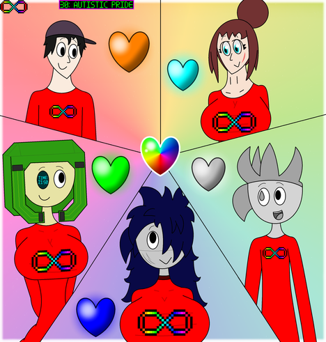 30: AUTISTIC PRIDE (Auctober 2024)
With floating hearts including the rainbow heart in the center of the drawing, the following characters displayed here in order starting from the upper-left corner, going clockwise: Pane with the orange heart, Mrs. Eddant with the Cyan heart, Mercury with the gray heart, Iridium with the blue heart and Caesium with the green heart.