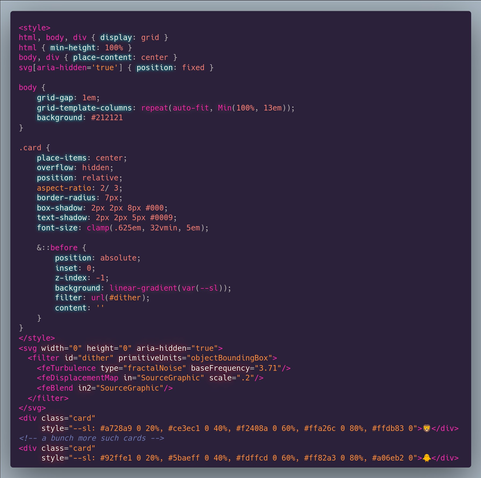The compiled CSS + HTML for the SVG filter version - all much more compact.