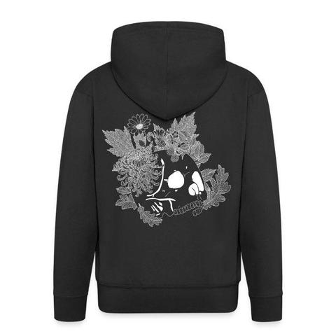 The back view of a black hoodie jacket showing a white illustration of a skull surrounded by autumnal flowers and leaves.