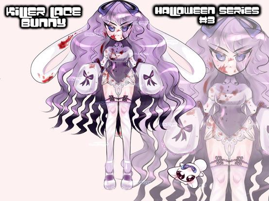 Purple hair girl with white lace dress and purple ribbons. White ears and comes with white Bunny mascot. Blood stained. Halloween adoptable art.