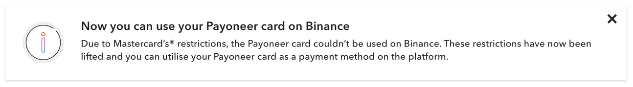 Notification about Payoneer card now being usable on Binance, following the lifting of previous Mastercard restrictions.