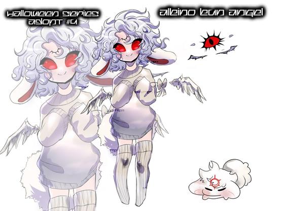 Albino bunny boy with gray hair and red eyes, with matching white bunny mascot. Adoptable art