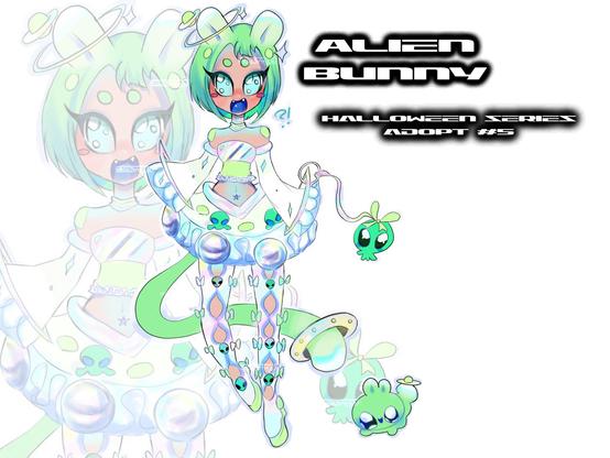 Alien bunny girl adoptable art character design, with matching green bunny mascot.