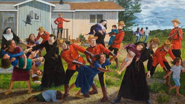 In 'The Scream,' Kent Monkman depicts the exact moment that Indigenous children were removed from their parents.
Description: a chaotic scene depicting a group of indigenous Canadians people, including children and adults, being forcibly separated by various officials from the clergy supported by Mounties in red uniforms. The background features a small house and a forested area, while expressions of distress and struggle are present on the individuals' faces.