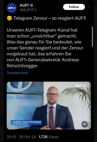 AUF1 @AUFTV

 Telegram Zensur - so reagiert AUF1!

Unseren AUF1-Telegram-Kanal hat man schon ,unsichtbar” gemacht. Was das genau für Sie bedeutet, wie unser Sender reagiert und der Zensur vorgebaut hat, das erfahren Sie von AUF1-Generalsekretar Andreas Retschitzegger.

20:15-29 Oct 24