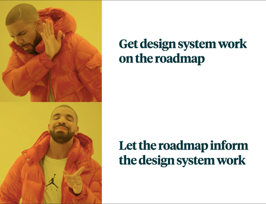 Drake meme. No: “Get design system work on the roadmap” Yes: “Let the roadmap inform the design system work”