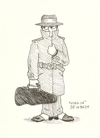 Ink drawing of a gangster with shifty eyes wearing a fedora, spats, and an overcoat with a turned up collar, holding a violin case.