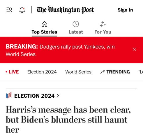Biden’s Gaffes Complicate Harris’s Final Stretch, Worrying Democratic Insiders

Lead WaPo story 