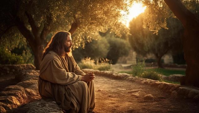 A serene image of Jesus praying to God in a quiet place ~ outside and alone, away from his apostles. It appears to be either early morning or at sunset.