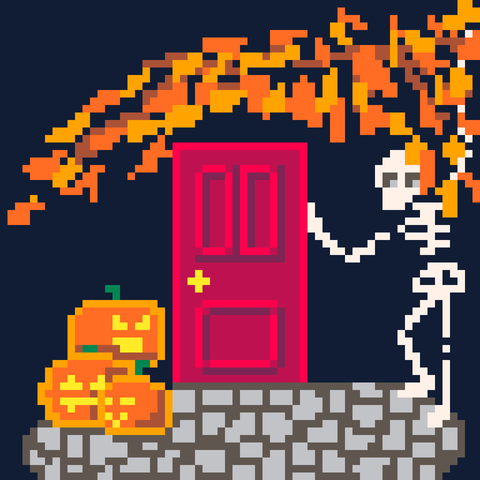 Static pixel art of a red door with a gold knob. To the left are three jack-o-lanterns: one smiling, one bored with fangs, one calm. To the right is a skeleton pulling a maple bough downwards to frame the top of the door.