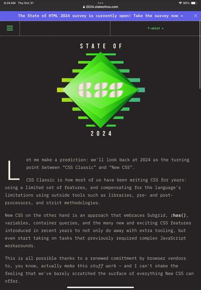 The image features a webpage header for the "State of CSS 2024" survey, with a stylized green diamond logo and abstract graphic elements. The page also contains text discussing the transition from "CSS Classic" to "New CSS," highlighting advancements