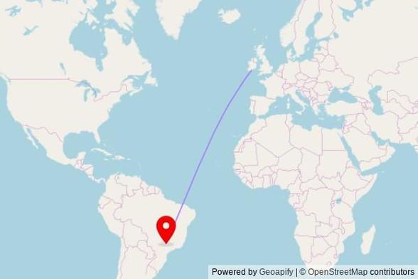 A map showing the great circle route from Cobh in Ireland to a map pin at Paróquia São Paulo Apostolo, Rua Duartina, Jardim Soto, Catanduva - SP, 15810-155, Brazil