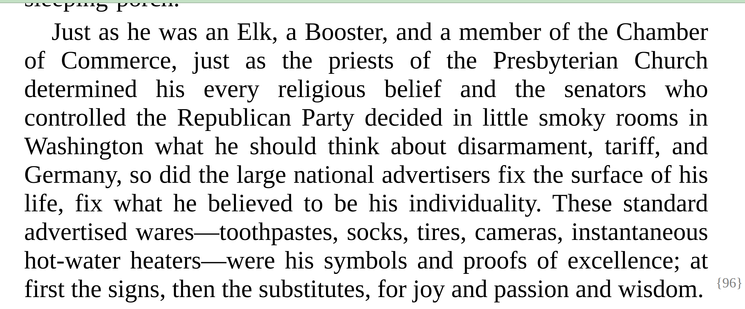 Just as he was an Elk, a Booster, and a member of the Chamber of Commerce, just as the priests of the Presbyterian Church determined his every religious belief and the senators who controlled the Republican Party decided in little smoky rooms in Washington what he should think about disarmament, tariff, and Germany, so did the large national advertisers fix the surface of his life, fix what he believed to be his individuality. These standard advertised wares—toothpastes, socks, tires, cameras, instantaneous hot-water heaters—were his symbols and proofs of excellence; at first the signs, then the substitutes, for joy and passion and wisdom.