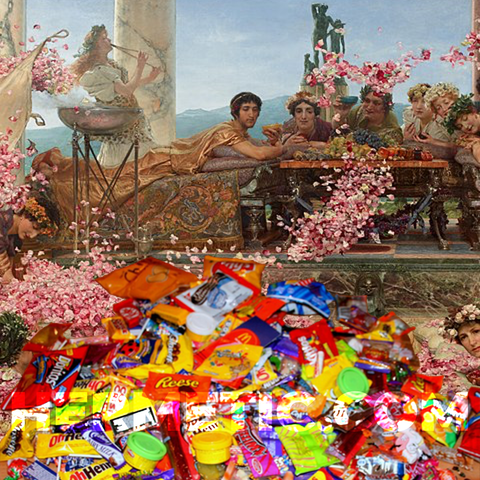 A famous painting of the feast of Heliogabalus, but there's a pile of Halloween candy covering the guests and rose petals.