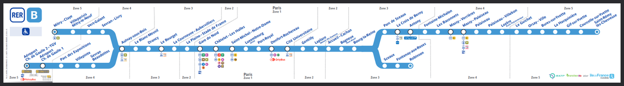 Plan RATP de la ligne B. La gare de Luxembourg est déclaré comme accessible, comme l'ensemble du reste de la ligne.