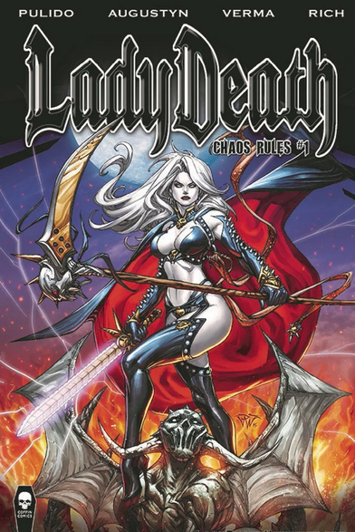 a cover of a comic book, in large black old english letters at the top it reads 'lady death', underneath in smaller black letters it reads 'chaos rules #1', the illustration s of lady death standing triumphantly over a demon, the moon behind her, she is holding a very large scythe in one hand and a glowing silver sword in the other 