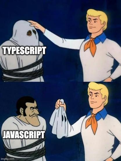The Scooby Doo meme where Fred reveals who is under the ghost hood. Before revealing, the ghost is labelled as "TypeScript". After revealing it turns out to be "JavaScript".