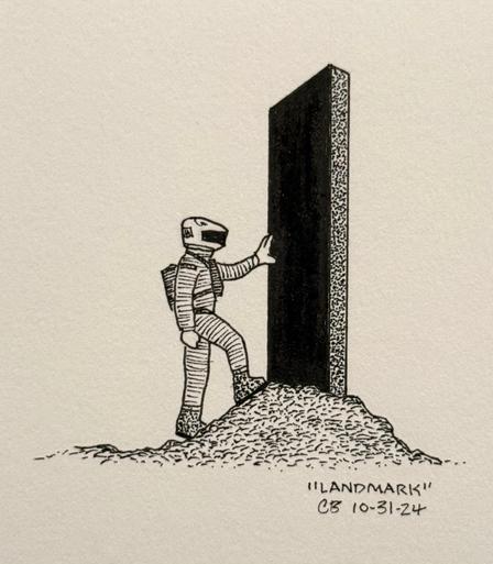Ink drawing of a scene from the film 2001: A Space Odyssey, as an astronaut on the moon touches the alien monolith.