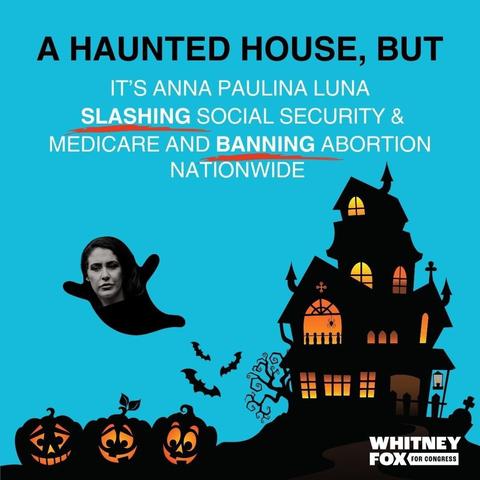 Anna Paulena Luna as a ghost flying around a haunted hourse wit Jack-o'Lanterns