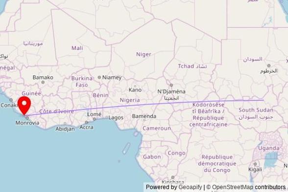 A map showing the great circle route from Malakal in South Sudan to a map pin at Mount Zion Baptist Church, Commonwealth-C, Liberia