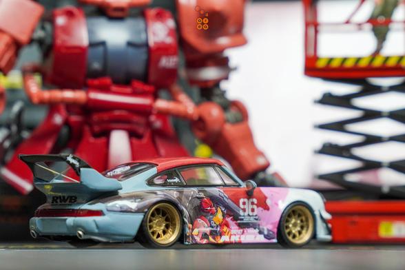 A focus shot on Porsche RWB 964 Akiba by RWB Official in 1:64 scale on AREA 164