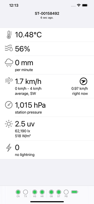 Screenshot of the StormPulse app, displaying live sensor data from a Tempest weather station.