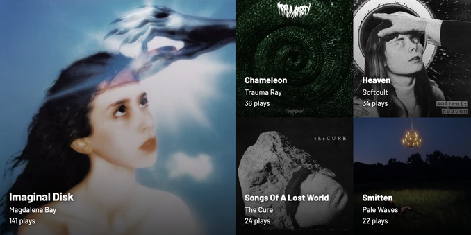 1. Magdalena Bay - Imaginal Disk
2. Trauma Ray - Chameleon
3. Softcult - Heaven
4. The Cure - Songs Of A Lost World
5. Pale Waves - Smitten