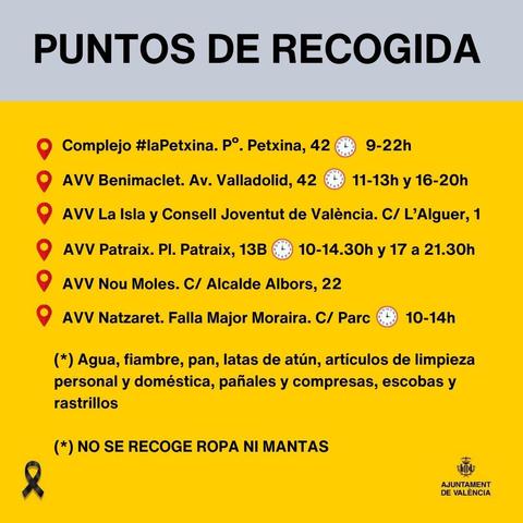 ﻿

PUNTOS DE RECOGIDA
&
Complejo #laPetxina. P°. Petxina, 42
12
9-22h

AVV Benimaclet. Av. Valladolid, 42 11-13h y 16-20h

AVV La Isla y Consell Joventut de València. C/ L'Alguer, 1

AVV Patraix. Pl. Patraix, 13B
10-14.30h y 17 a 21.30h

AVV Nou Moles. C/ Alcalde Albors, 22
AVV Natzaret. Falla Major Moraira. C/ Parc 10-14h

(*) Agua, fiambre, pan, latas de atún, artículos de limpieza personal y doméstica, pañales y compresas, escobas y rastrillos

(*) NO SE RECOGE ROPA NI MANTAS

AJUNTAMENT
DE VALÈNCIA