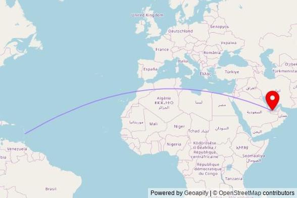 A map showing the great circle route from Castries in Saint Lucia to a map pin at Mosque, Al Rubban Street, Al Ruwais, Abu Dhabi Emirate, United Arab Emirates