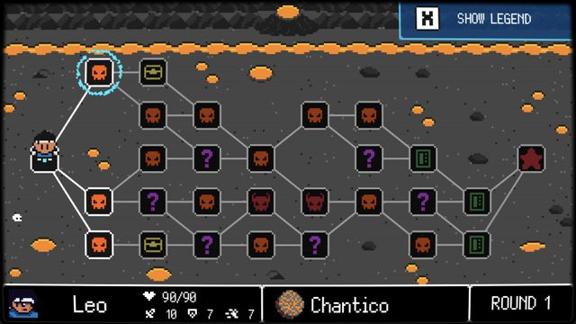 A screenshot showing a map in my game, Star Spark. It's all 2D pixel art, the map is of a volcanic area with a volcano at the top, lots of black and grey ground around it and lava all over the place. The rest of the map is a bunch of nodes with connecting lines to indicate a path the player may take. Going in one direction may cut the player off from other nodes they might've been able to visit if they'd gone another route, but they all lead to a boss fight at the end.