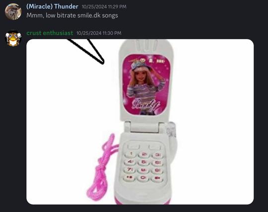 Discord user "(Miracle) Thunder" says: Mmm, low bitrate smile.dk songs
Below this, another user posts a picture containing a speech bubble coming from a chinafake phone (the kind which normally play Butterfly), so that it appears that the above message is being said by the phone.