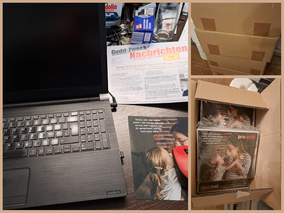 3 Fotos in einer Collage zeigen 1.200 Mauspads. Einmal in 4 großen, auf einander gestapelten braune Kartons. Dann liegt neben einem aufgeklappten Laptops ein ausgepacktes Mauspad. Ein weiteres Foto zeigt mehrere noch verpackte Mauspads.