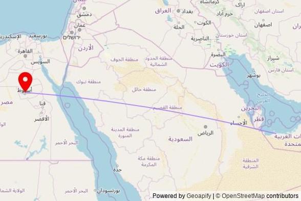 A map showing the great circle route from Al Ruwais in the United Arab Emirates to a map pin at Issac Coptic Orthodox Church, Cairo, Aswan Eastern Desert Road, New Asyut, Egypt