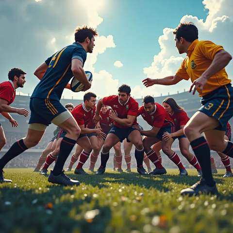 rugby league teams playing game in scrum position while referee standing right to them team captain on the left holding the rugby ball