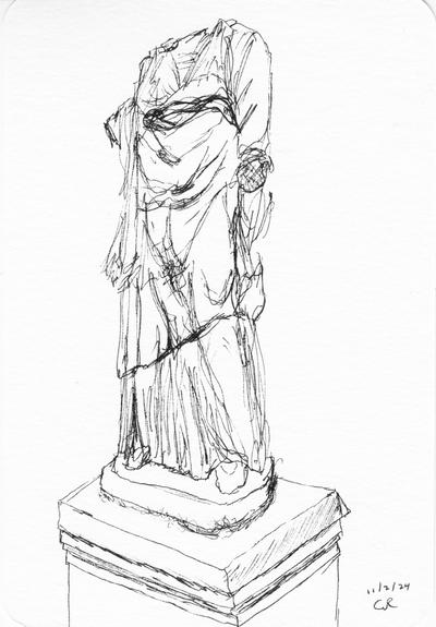 pen sketch of a headless statue of a vestal virgin from the Roman Forum