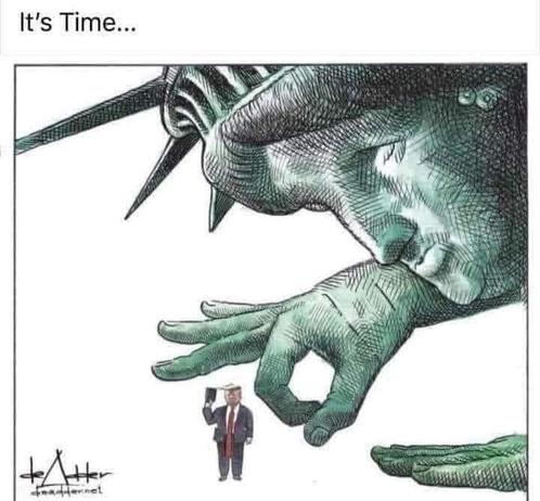 Cartoon: The Statue of Liberty leaning down, about to flick the Orange Menace