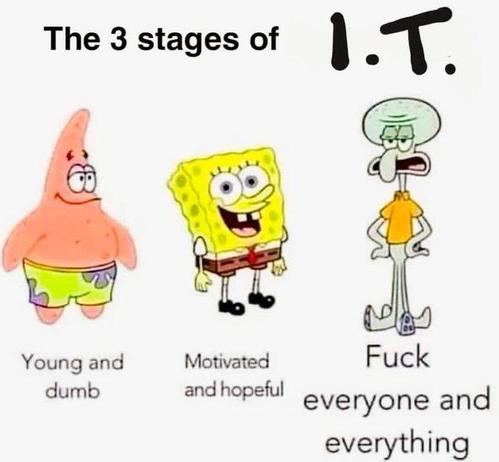 funny meme where it says "the three stages of IT" and shows lil bonhommes from SquareBob:  1st stage "young and dumb", 2nd stage "motivated and hopeful" and 3rd stage "fuck everyone and everything"