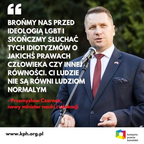 English.
The photo shows the Polish Minister of Science and Education, Przemysław Czarnek - the current presidential candidate, and a quote from his public statement:
Let's defend ourselves from LGBT ideology and stop listening to this idiocy about some human rights or other equality. These people are not equal to normal people!

Polski
Na zdjęciu polski minister nauki i edukacji Przemysław Czarnek - obecny kandydat na prezydenta i cytat z jego publicznej wypowiedzi:
Brońmy się przed ideologią LGBT i przestańmy słuchać tych idiotyzmów  o jakichś prawach człowieka czy innej równości. Ci ludzie nie są równi normalnym ludziom!