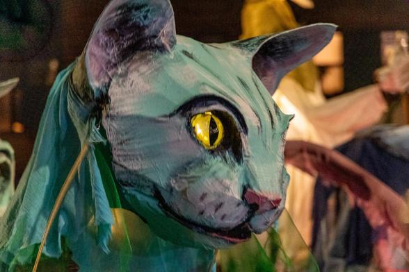 A large cat head puppet in a Halloween parade. The head is blue-green with yellow eyes. One of the sticks used to manipulate it can be seen to one side. Other colorful shapes can be seen in the background.