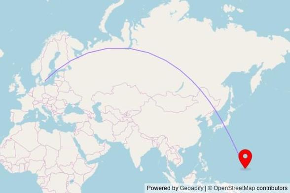 A map showing the great circle route from Sölvesborg in Sweden to a map pin at Jesus Christ Later Adventist, Weno, FM 96942, United States of America