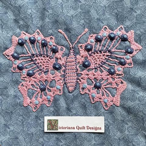 Embellished crochet butterfly quilt block. 