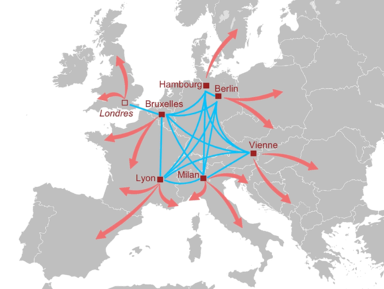 Carte d'Europe avec cinq hubs ferroviaires