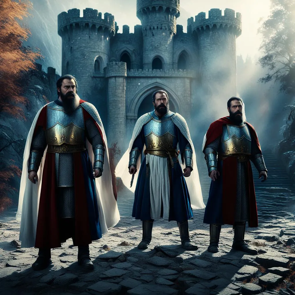 Three Crusader knights with white capes, angry fac...