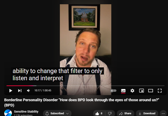 https://www.youtube.com/watch?v=wS3oAHw6HSI
Borderline Personality Disorder "How does BPD look through the eyes of those around us?" (BPD)

53 views  1 Nov 2024
In this episode of the BPD Live Show with Sensitive Stability, host Kevin Reynolds discusses the topic "How does BPD look through the eyes of those around us?"  As a BPD survivor himself, Kevin provides insights into his process of coaching clients through BPD, emphasizing the importance of personal connections and understanding individual stories.