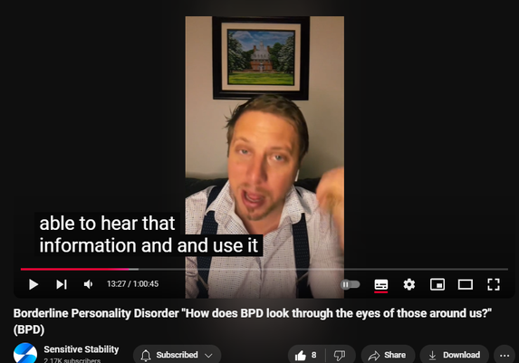 https://www.youtube.com/watch?v=wS3oAHw6HSI
Borderline Personality Disorder "How does BPD look through the eyes of those around us?" (BPD)


53 views  1 Nov 2024
In this episode of the BPD Live Show with Sensitive Stability, host Kevin Reynolds discusses the topic "How does BPD look through the eyes of those around us?"  As a BPD survivor himself, Kevin provides insights into his process of coaching clients through BPD, emphasizing the importance of personal connections and understanding individual stories.