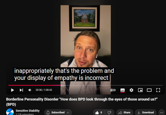 https://www.youtube.com/watch?v=wS3oAHw6HSI
Borderline Personality Disorder "How does BPD look through the eyes of those around us?" (BPD)

53 views  1 Nov 2024
In this episode of the BPD Live Show with Sensitive Stability, host Kevin Reynolds discusses the topic "How does BPD look through the eyes of those around us?"  As a BPD survivor himself, Kevin provides insights into his process of coaching clients through BPD, emphasizing the importance of personal connections and understanding individual stories.