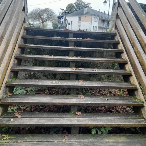 Un escalier en bois vu d'en bas. En haut de l'escalier il y a un vélo.