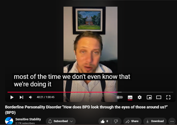 https://www.youtube.com/watch?v=wS3oAHw6HSI
Borderline Personality Disorder "How does BPD look through the eyes of those around us?" (BPD)
53 views  1 Nov 2024
In this episode of the BPD Live Show with Sensitive Stability, host Kevin Reynolds discusses the topic "How does BPD look through the eyes of those around us?"  As a BPD survivor himself, Kevin provides insights into his process of coaching clients through BPD, emphasizing the importance of personal connections and understanding individual stories.