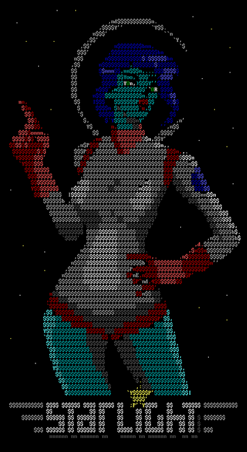 ascii art picture of an alien woman in a space suit 