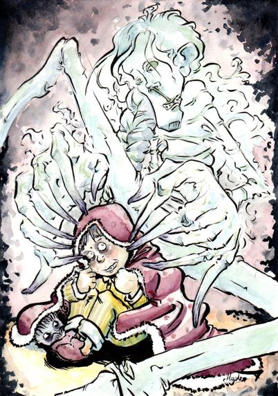 Aquarelle terminée de Thierry MysterTy : Je vois des gens qui sont morts !

Un spectre entoure un petit garçon de ses membres démesurés et arachnoides. Caché sous sa couverture, le petit garçon n'a pas encore réalisé qu'il n'y était pas seul.

Références : 6ème sens, Mama, The Grudge